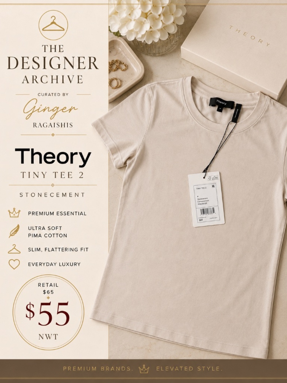 NWT Theory Tiny Tee 2 Stonecement Pima Cotton Top | size P